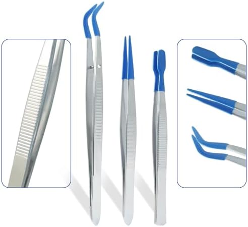 3 Pack Curved Tweezers, Silicone Rubber Bent Tip PVC Coated Soft Tip Tweezers, Non Marring Stainless Steel Tools for Jewelry Crafts/Electronics