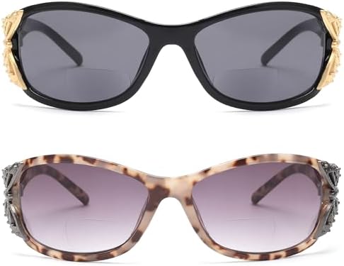 JM 2 Pack Bifocal Reading Sunglasses for Women Fashion Sun Readers Outdoor Reading Glasses UV400 Protection Black & Grey Tortoise +1.75