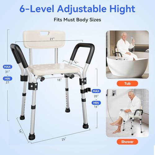Shower Chair for Inside Shower with Arms and Back, 350 lbs Heavy Duty Shower Seat for Bathtub, 6-Height Adjustable Safety Bath Seat for Seniors, Adults, Handicap and Disabled