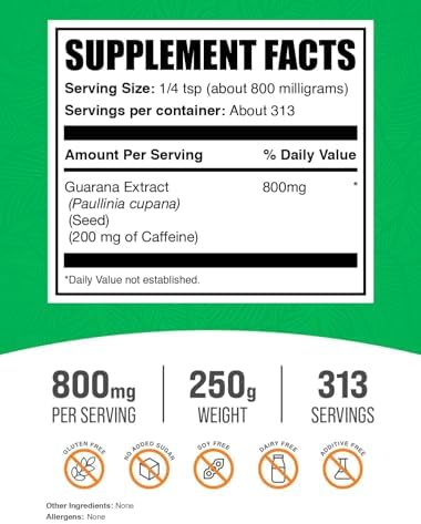 BulkSupplements.com Guarana Extract Powder - Natural Caffeine Supplement, from Guarana Seed, Guarana Powder - Gluten Free, 800mg per Serving, 250g (8.8 oz) (Pack of 1)