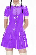 Female Turndown Collar Leather Dress Casual Short Sleeve Mini Dress Buttons PVC Dress,Dark Brown,L