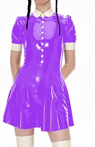 Female Turndown Collar Leather Dress Casual Short Sleeve Mini Dress Buttons PVC Dress,Dark Brown,L