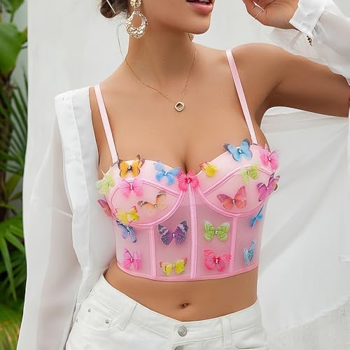 Testudineus Women Chic Butterfly Embroidered Corset Top Spaghetti Strap Sheer Mesh Push Up Bustier Bralette
