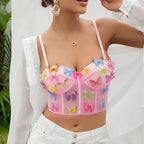 Testudineus Women Chic Butterfly Embroidered Corset Top Spaghetti Strap Sheer Mesh Push Up Bustier Bralette
