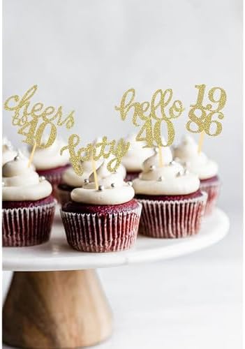 24 Pcs Glitter 40th Birthday Cupcake Toppers for Forty Years Old Birthday Party Decorations (Gold)