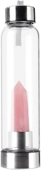 Natural Pink Crystal Glass Water Bottle, Gemstone Center Infused Rose Quartz Sports Cup Obelisk Wand Energy Cup for Healing Wellness