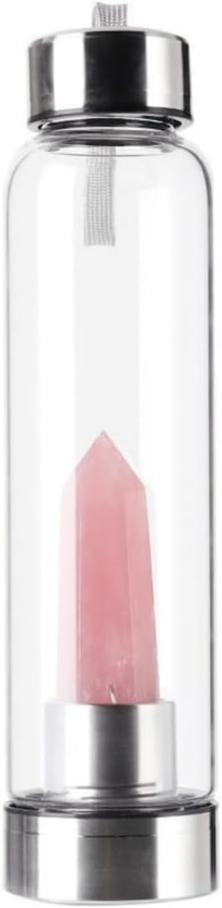 Natural Pink Crystal Glass Water Bottle, Gemstone Center Infused Rose Quartz Sports Cup Obelisk Wand Energy Cup for Healing Wellness