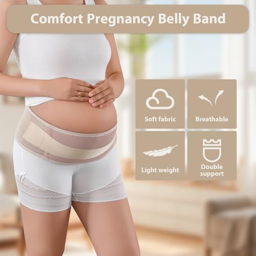 Maternity Belly Band, Pregnancy Support Belt with Adjustable Compression Wrap, Soft & Breathable Belly Bands for Pregnant Women and Pain Relief for Back, Pelvis (Beige)