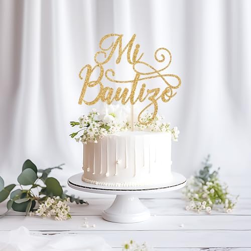 Mi Bautizo Cake Topper, Bapstim Cake Decorations, First Holy Communion, God Bless, Baptism/Christening/Baby Shower 1st Birthday Party Decorations Gold Glitter