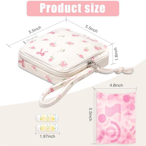 Small Makeup Bag | Discreet Period Bag Pad Pouch for Purse| Sanitary Napkin Storage & Tampon Holder for Travel(Flower bow beige)