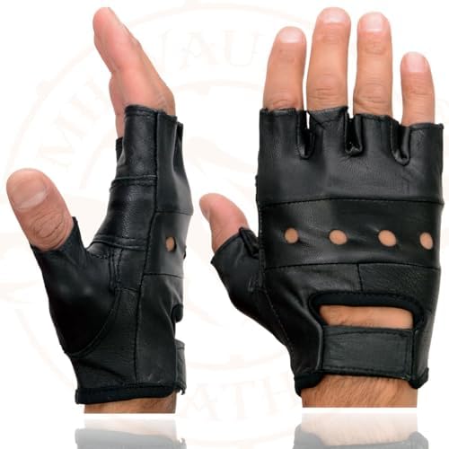 Milwaukee Leather SH216 Men's Black Leather Gel Padded Palm Fingerless Motorcycle Hand Gloves W/Breathable ‘Open Knuckle’