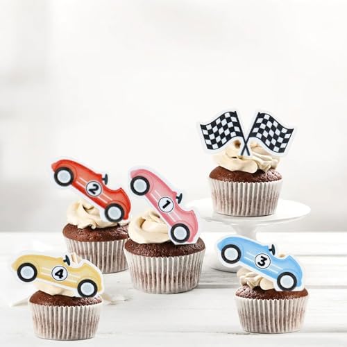 Ercadio 48Pcs Edible Cute Race Car Cupcake Toppers Cherkered Flags Race Cars Cupcake Picks Racing Car Birthday Cake Toppers Baby Shower Funny Birthday Party Decoration Supplies