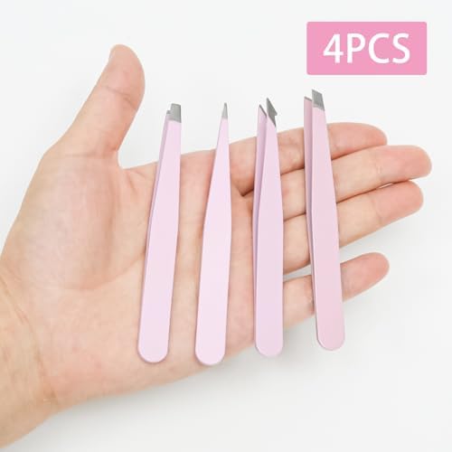 4 Piece Pink Professional Precision Tweezers Set, Stainless Steel Eyebrow Plucker Tweezers Travel Bag, High Precision Tweezers for Facial Hair/Chin/Ingrown Hair Removal