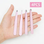 4 Piece Pink Professional Precision Tweezers Set, Stainless Steel Eyebrow Plucker Tweezers Travel Bag, High Precision Tweezers for Facial Hair/Chin/Ingrown Hair Removal