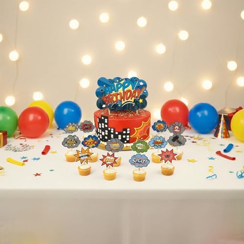 Comic Cake Topper Set – Birthday Cake Topper & 15 Cupcake Toppers for Kids Party, Boom Pow Smash Comic Theme Decorations