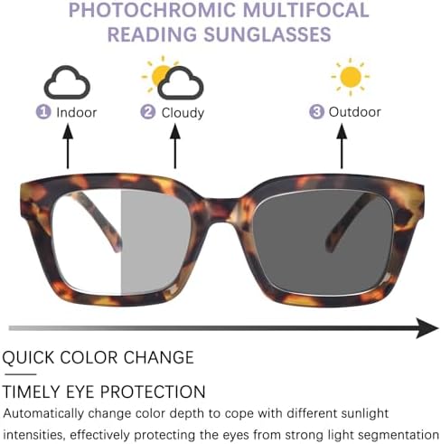 Progressive Multifocus Reading Glasses for Women Blue Light Blocking, Photochromic Multifocal Reading Sunglasses
