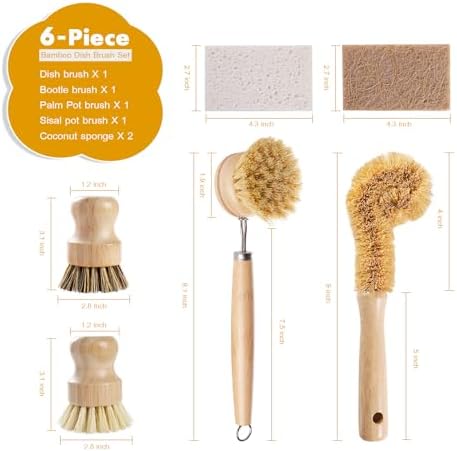 DEBETOOL 6 Piece Bamboo Dish Brush Set with Coconut Sponge - Wooden Dish Brush with Sisal and Palm Fiber, Natural Bamboo Dish Scrub Brush for Kitchen Cleaning Dishes, Pots, Pans, Bottles, Vegetables
