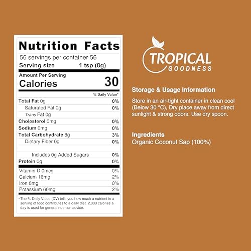 Tropical Goodness Organic Coconut Palm Sugar — 16 oz (1 lb) | USDA Organic • Kosher • Vegan • Non-GMO | Natural Low-Glycemic Sweetener for Baking, Coffee, & Cooking — Sustainable, Unrefined Tropical Flavor