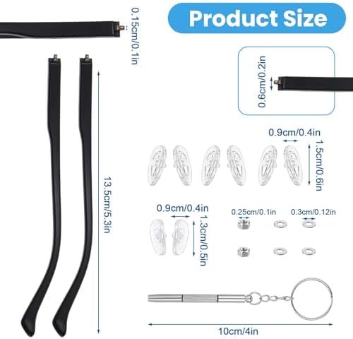 1 Pair Glasses Arm Replacement, Black Eyeglasses Repair Kit with Screws Washers Screwdriver Nose Pads Eyeglass Arms Replacement Temple Arms 6mm for Glass Sunglasses Convex Single Teeth 1.2mm