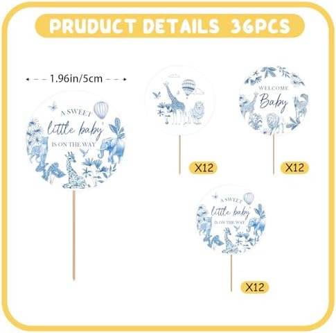 36PCS Blue French Baby Shower Cupcake Toppers, Jungle Animal Welcome Baby Cupcake Picks for Boys, Chinoiserie Cake Decor for Safari Animal Themed Gender Reveal/First Birthday Party Decoration