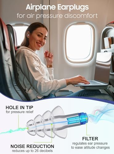 Ear Plugs for Airplane Pressure Relief, 2 Pairs Adults Soft Silicone Reusable Airplane Earplugs 26dB, with Silicone Connector Cord, Travel Essentials for Flying, Ear Protection Earplugs for Plane