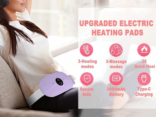 Portable Cordless Heating Pad, Heating Pad, Electric Waist Belt Device, 3-Speed Vibration &3-Speed Heat Levels, Portable Electric Fast Heating Belly Wrap Belt for Women and Girl (Light Purple)