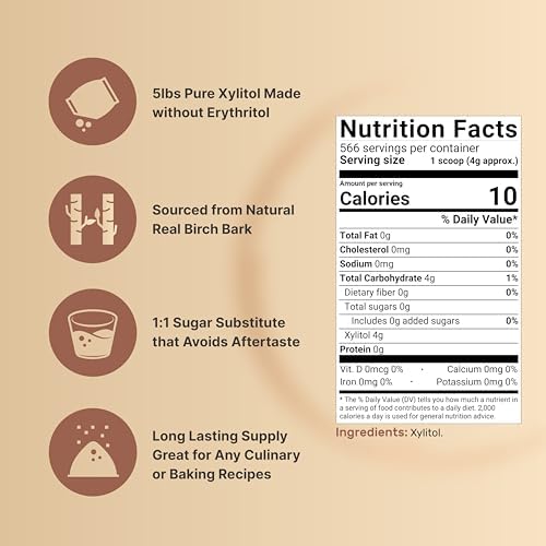 NatureBell Xylitol Sweetener, 5lbs | Natural Birch Crystal Source – 1:1 Sugar Substitute – Sweet Flavor with No Erythritol – Low Calorie & Glycemic Impact – Sugar Free, No Aftertaste, Non-GMO