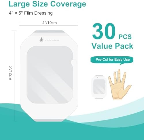 Transparent Film Dressing, 4" x 4.75" (30 Pack), Waterproof Clear Adhesive Bandages for Wound Care, IV Shield & Tattoo Aftercare