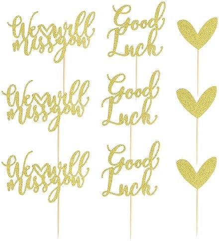 24Pcs We Will Miss You Cupcake Toppers Glitter Red Love Heart Good Luck Cupcake Picks Retirement Theme Going Away Party Cake Decorations - Gold Glitter