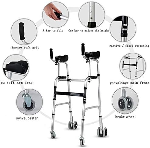 Wheel Walking Frame with Armrest Support Pad, Thick Aluminum Alloy Rehabilitation Auxiliary Walking Frame Elderly Walking Aid Height Adjustable (Without Seat)