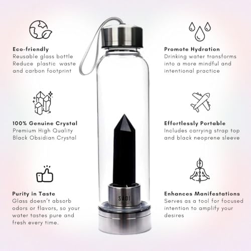 SAOI Crystal Water Bottle - Black Obsidian Gemstone Infused Elixir - Natural Wellness Healing - Glass/Stainless Steel