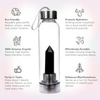 SAOI Crystal Water Bottle - Black Obsidian Gemstone Infused Elixir - Natural Wellness Healing - Glass/Stainless Steel