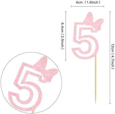 Ercadio 24Pcs Girls 5th Birthday Cupcake Toppers Glitter Pink Bow Number 5 Cupcake Picks for Pink Bow Baby Girls 5th Birthday Anniversary Cake Decorations Supplies