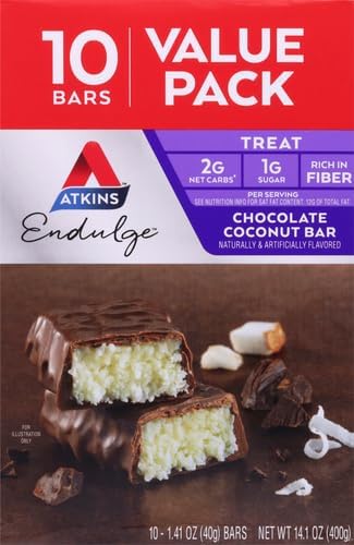 Atkins Endulge Chocolate Coconut Bar, Dessert Favorite, High in Fiber, 1g Sugar, 10 Count