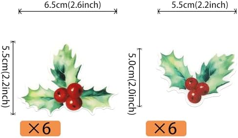 60 PCS Edible Merry Christmas Cupcake Toppers - Edible Holly Leaves Berries Cake Picks Decorations for Christmas & New Year Parties - Light Green