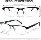 3 Pack Bifocal Reading Glasses for Men Metal Half Frame Bi-focal Readers Clear Top Far/Near Dual-use Eyeglasses,Black/Brown/Gun metal, +2.00