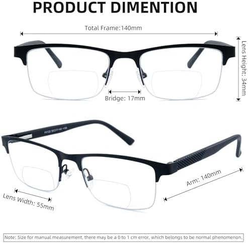3 Pack Bifocal Reading Glasses for Men Metal Half Frame Bi-focal Readers Clear Top Far/Near Dual-use Eyeglasses,Black/Brown/Gun metal, +2.00