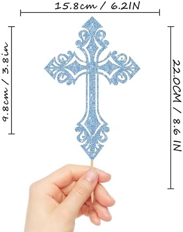 Cross Cake Topper - Glitter Sky Blue Baptism Cake Decor for Baby Shower, God Bless or Holy Communion (Sky Blue)