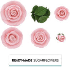 Global Sugar Art Edible Exquisite Rose & Leaf Tray Sugar Cake Flowers, Pink Unwired, 5 Count by Chef Alan Tetreault