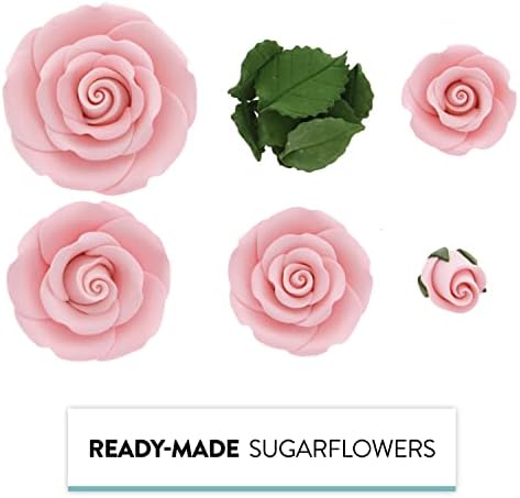 Global Sugar Art Edible Exquisite Rose & Leaf Tray Sugar Cake Flowers, Pink Unwired, 5 Count by Chef Alan Tetreault