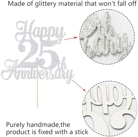 Kaoenla Happy 25th Anniversary Cake Topper - Silver Wedding Party Decor，25th/twenty-five marriage/Company Anniversary，25 Birthday Party Decor