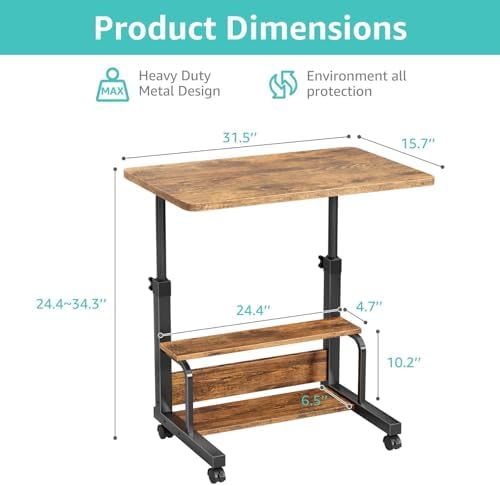 WINAZ C Shaped Rolling Laptop Desk - 32" Rustic Brown Mobile Portable Small Desk with Wheels for Small Spaces, Height Adjustable Overbed Table with 2-Tier Storage Shelves