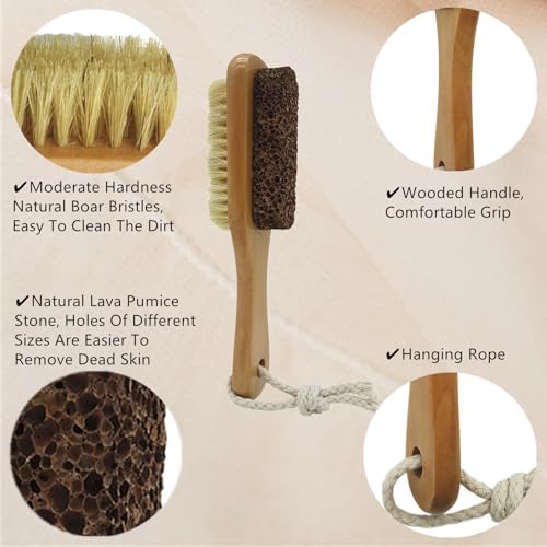 Natural Lava Pumice Stone for Feet with Foot Brush, Callus Remover Foot Scrubber Exfoliator Pedicure Tools for Hard Dead Skin, Softer & Smoother Feet, Double Sided Boar Bristles Wooden Handle