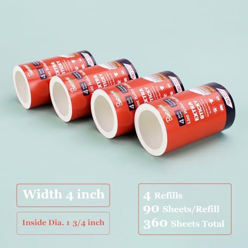 4 inch Lint Roller Refills Only for Scotch Brite, Everyday Clean Lint Roller Refills 4 Pack, Pet Hair Pickup Extra Sticky 90 Sheets per Refill, 360 Adhesive Sheets Total (1 3/4 inch Inside Dia.)