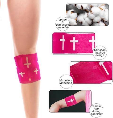 JarThenaAMCS 6 Rolls Christian Athletic Tapes Hot Pink Cross Sport Tapes First Aid Injury Wrap for Soccer Football Baseball Gymnastics Boxing Trainers Church Gifts, 2 Inch x 23 Ft