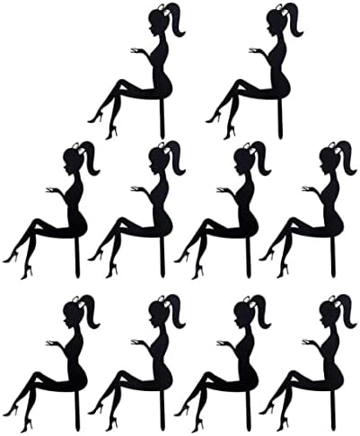 Women Birthday Cake Topper 10pcs High Heels Lady Cupcake Toppers Acrylic Princess Fairy Girl Silhouette Dessert Picks for Wedding Party, Black, 16.6*10.3cm