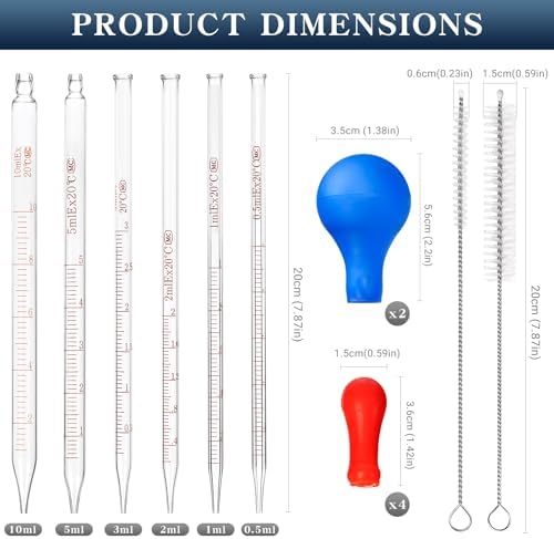 6 Pieces Glass Pipettes 10ml 5ml 3ml 2ml 1ml 0.5ml Glass Graduated Dropper Pipette for School, Students, Transfer for Liquid Essential Oil