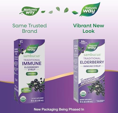 Nature's Way Sambucus Traditional Immune Elderberry Syrup for Ages 7+, Traditional Immune & Antioxidant Support*, Organic Black Elderberry Extract, USDA Certified Organic, 4 Fl Oz (Packaging May Vary)