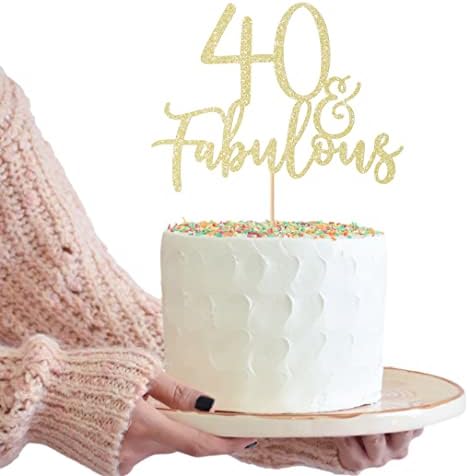 LOVENJOY 40 and Fabulous Cake Topper Gold Glitter for 40th Birthday Party Cake Decoration Glittery