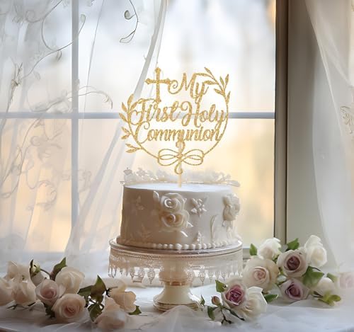 My First Holy Communion Cake Topper, Baptism Cake Decor, First Communion Decorations, Wedding Christening Baby Shower 1st Birthday Party Decorations, Gold Glitter